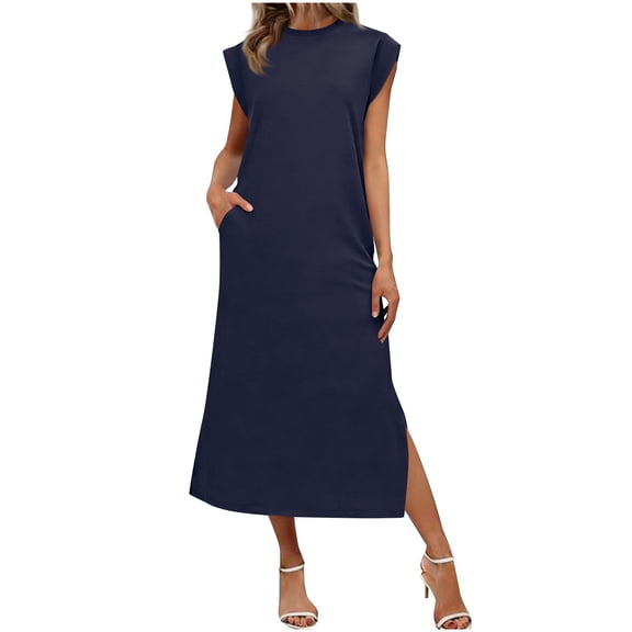 Spring Maxi Dresses for Women 2026 Sleeveless Crewneck Dress Loose Fit Casual Sundress Classic Dressy Outfits Elegant Trendy Jumpsuit Summer Beach Dresses for Women