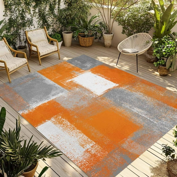 Fsddascl Burnt Orange Grey Outdoor Rug for Patio/Deck/Porch, Non-Slip Large Area Rug 5 x 8 Ft, Modern Oil Painting White Geometric Indoor Outdoor Rugs Washable Area Rugs, Camping Rug Carpet