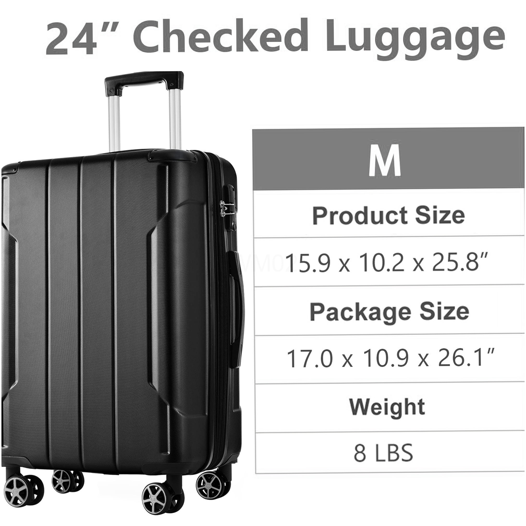 Black 24 Inch Hardshell Suitcase, TSA Lock Expandable Checked Luggage with 8 Spinner Wheels
