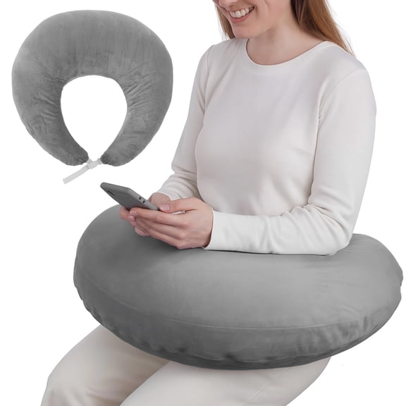 Gray U-Shaped Reading Pillow, 23.6" x 21.7" Lap Support Pillow with Adjustable Strap, Crescent Design, PP Cotton Filling, Reading, Gaming, Arm, Back Support