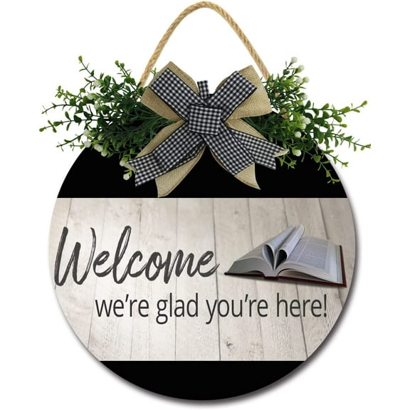 Eveokoki 12" Door Welcome We Are Glad You Are Here Wooden Hanging Interior and Exterior Round Shape Decoration，Wall Porch Rustic Door Sign - Farmhouse Front Porch Decorch