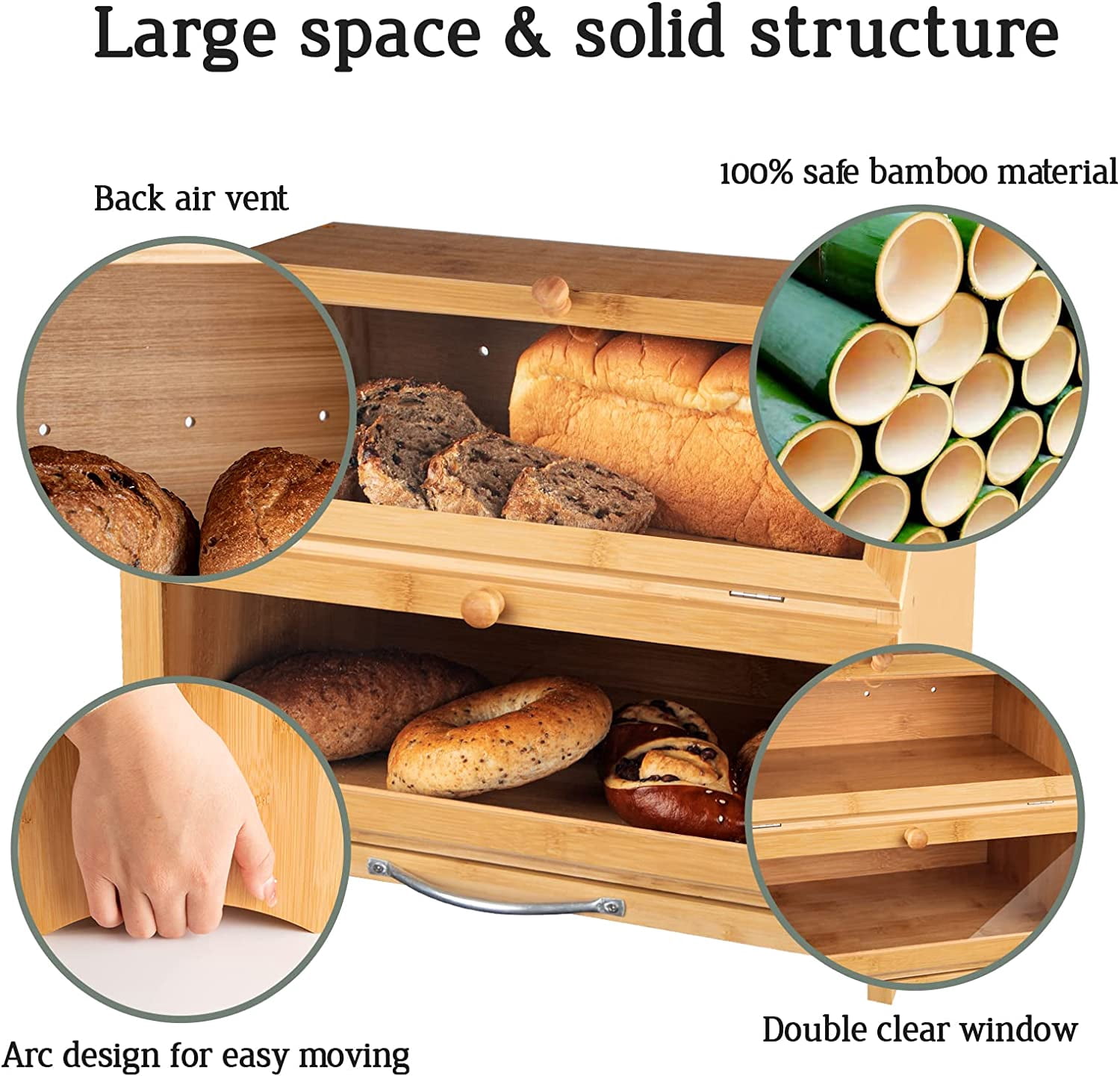 Double Layer Bamboo Bread Box for Kitchen Countertop, Cutting Board, and Stainless Steel Bread Knife, Large Capacity Storage Container with Clear Windows (Self-Assembly)