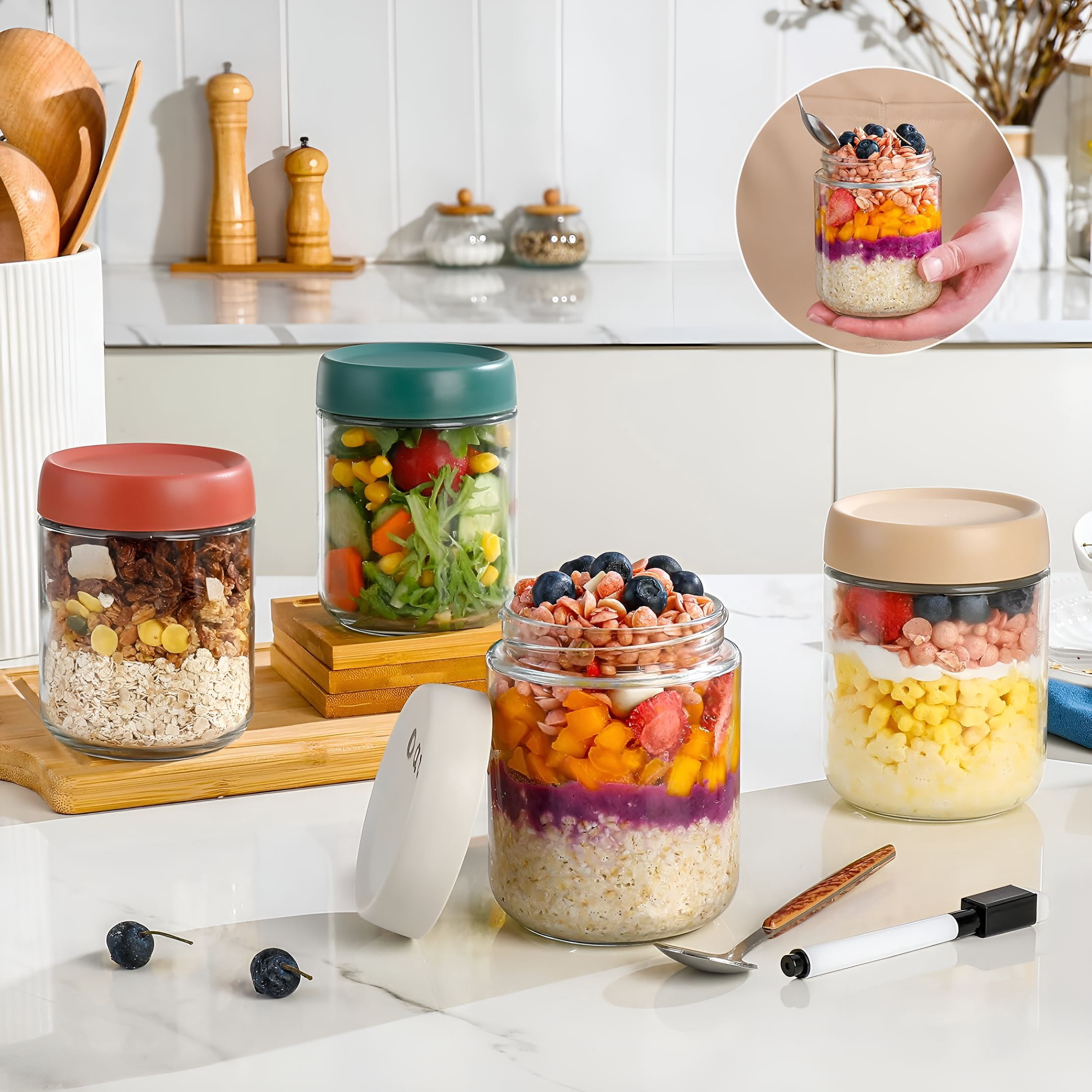 ACDANC Overnight Oats Containers with Lids,16Oz Glass Jars with Lids-Set of 4,Practical Oatmeal Container to Go,Chia Seed Pudding Jars,Baby Food Containers
