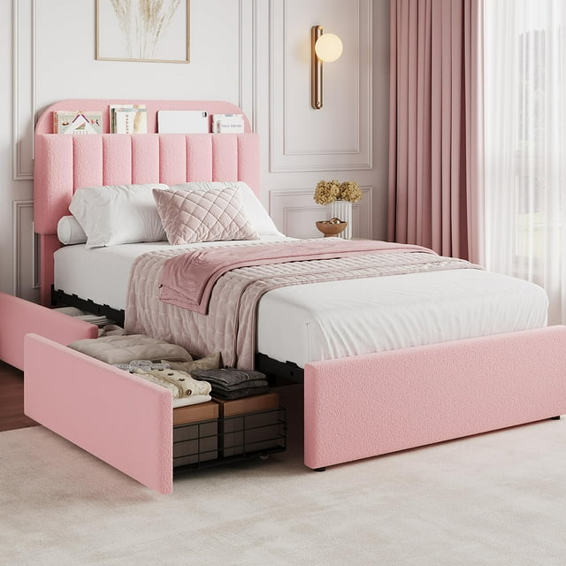 PIONEERWORKS Twin-XL Bed Frame with Storage Headboard, Boucle Upholstered Platform Bed with Bookcase & 2 Drawers, No Box Spring Needed, Easy Assembly, Light Pink