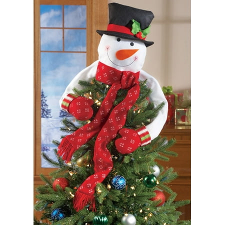 Deer Christmas Tree Topper Christmas Hugging Snowman Tree Topper with Red Mittens and Draping Red Scarf - Festive Christmas Tree Decoration ()