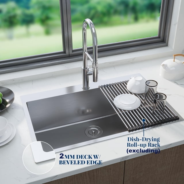 Kojooin Stainless Steel 304 Drop-In Kitchen Sink, Handmade Brushed Finish Sink with Cutting Board, Dish Rack and Bottom Mat