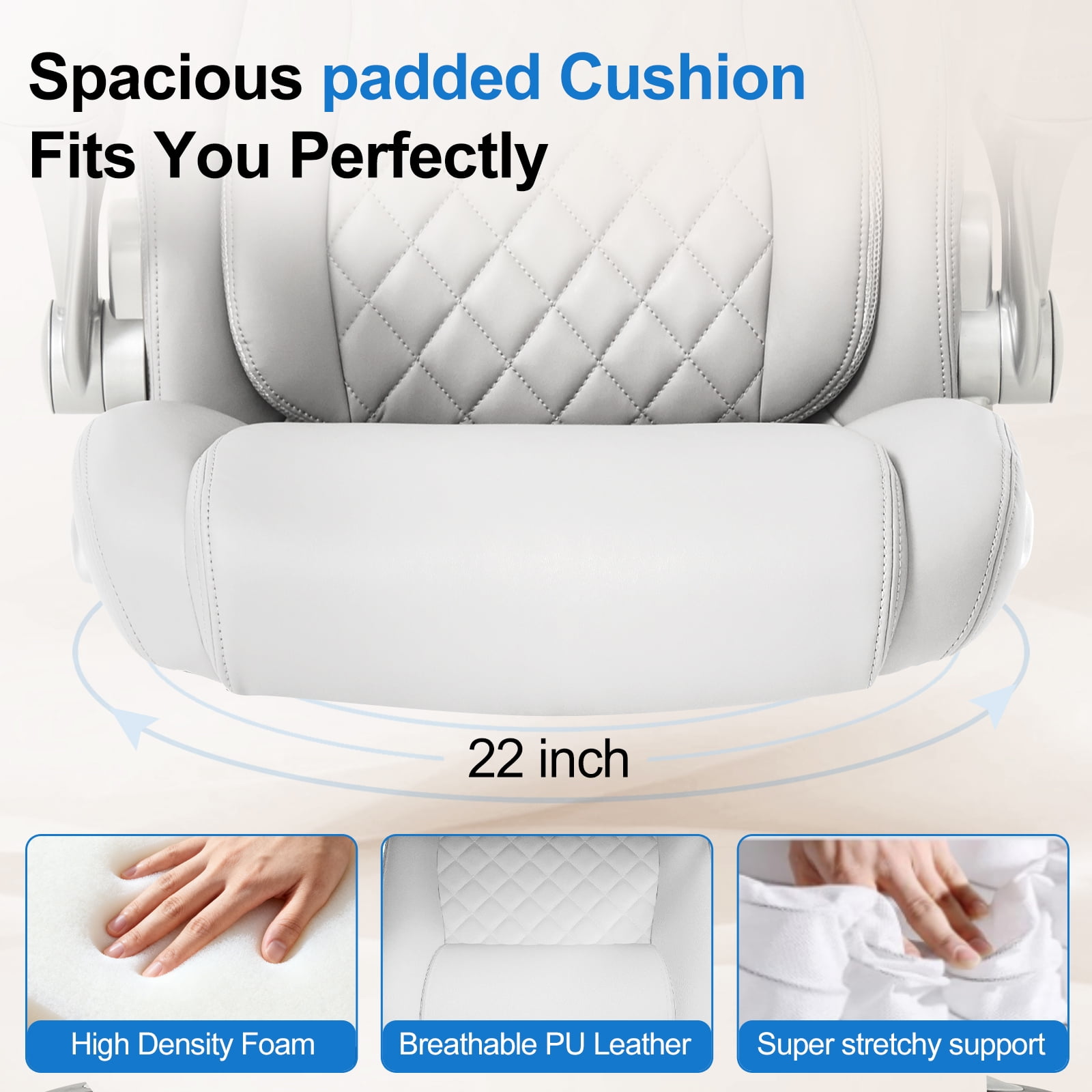 Nouhaus Office Ergonomic Desk High Back Executive Chair with Pop-Out Lumbar Support, Adjustable Headrest, Flip-Up Arms, Leather Home with Thick Cushion for Comfort - White