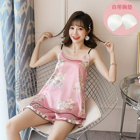

DanceeMangoo Fruit Print Lovely Sleepwear Home Suit Summer V-Neck Sleeveless Sexy Pyjamas Womens Two Piece Silk Pajamas Set with Chest Pad