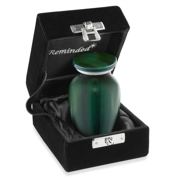 Reminded Small Cremation Memorial Urn for Human Ashes, Green Mini Keepsake with Velvet Case