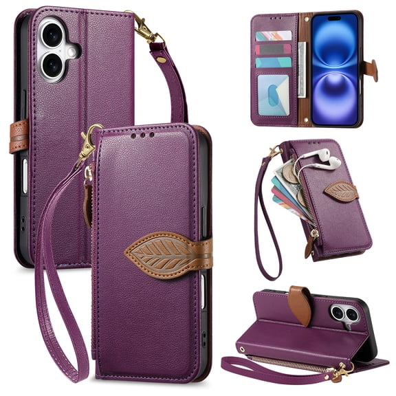 For iPhone 16 Wallet Phone Case,PU Leather Flip Fold Kickstand,With Wrist Strap Shoulder Strap,Card Holder,Zipper Pocket,Leaf Design Magnetic Closure Shockproof Durable Phone Case,Purple