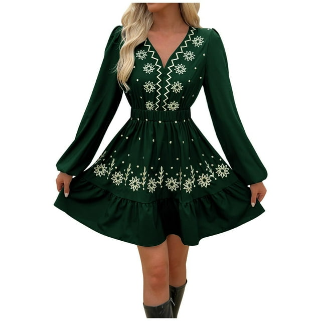 Women's Embroidered Dress, Long Sleeve, Deep V-Neck, Elegant Maxi Length, Soft Polyester, for Party, Wedding Guest