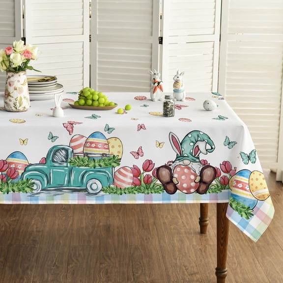 Easter Tablecloth 60×84 Inch, Truck Gnome Easter Eggs Washable Table Cover for Party Picnic Dinner Decor