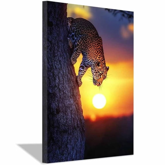 Mudket Framed Leopard Climbing Tree at Sunset Canvas Wall Art, Safari Wildlife Print Wall Decor, Nature Art Ready to Hang for Men Office - 12"L x 8"W