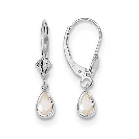 - 14k White Gold Genuine Pear April White Zircon Leverback Earrings 23mm x 4mm