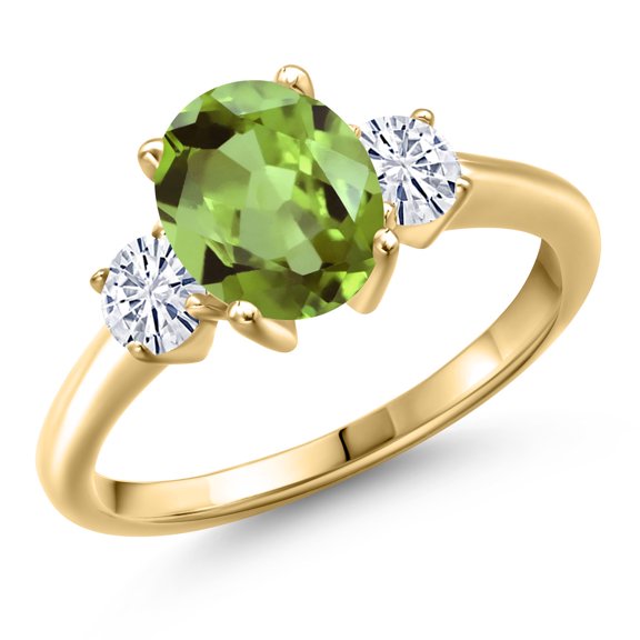 Gem Stone King 10K Yellow Gold Green Peridot and White Moissanite Engagement Ring for Women | 2.56 Cttw | Oval 9X7MM | Gemstone August Birthstone | Size 8