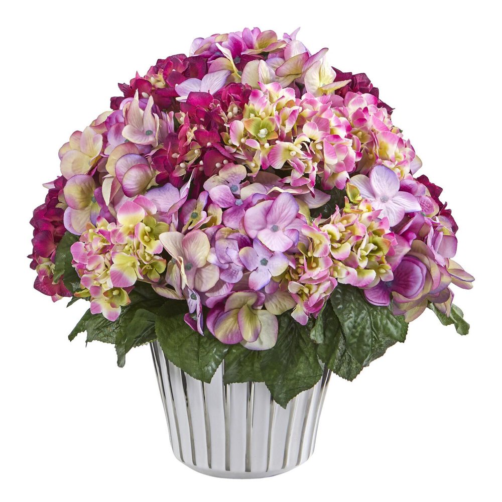 Nearly Natural Hydrangea Artificial ArrangementColorPink,StyleIn White Vase Silver Trimming