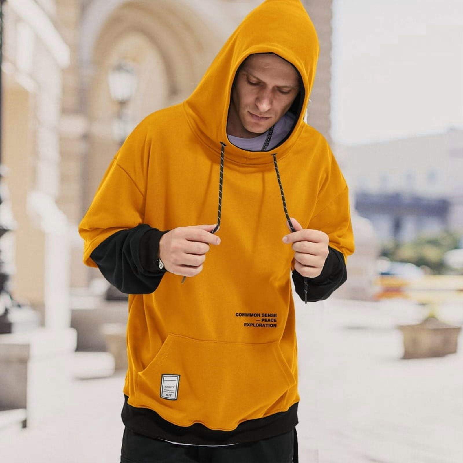 HISITOSA Mens Colorblock Hoodie Casual Patchwork Soft Cotton Pullover Tops Unisex japanese Hooded Sweatshirt with Design