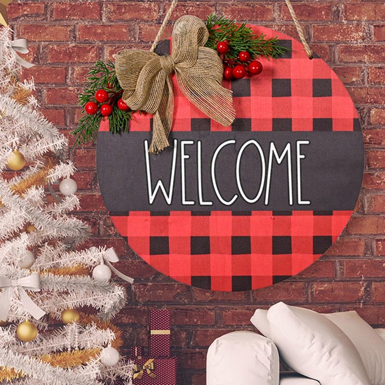  Christmas Wreath for Front Door,Black White Buffalo Plaid  Kitchen Decor w/Light,Welcome Sign for Front Door,Buffalo Check Farmhouse  Wall Decoration,Housewarming Gift,Porch Wooden decor-12inch : Home & Kitchen