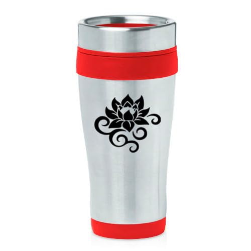 16oz Insulated Stainless Steel Travel Mug Coffee Mug Tumbler Lotus Flower Scroll (Red)