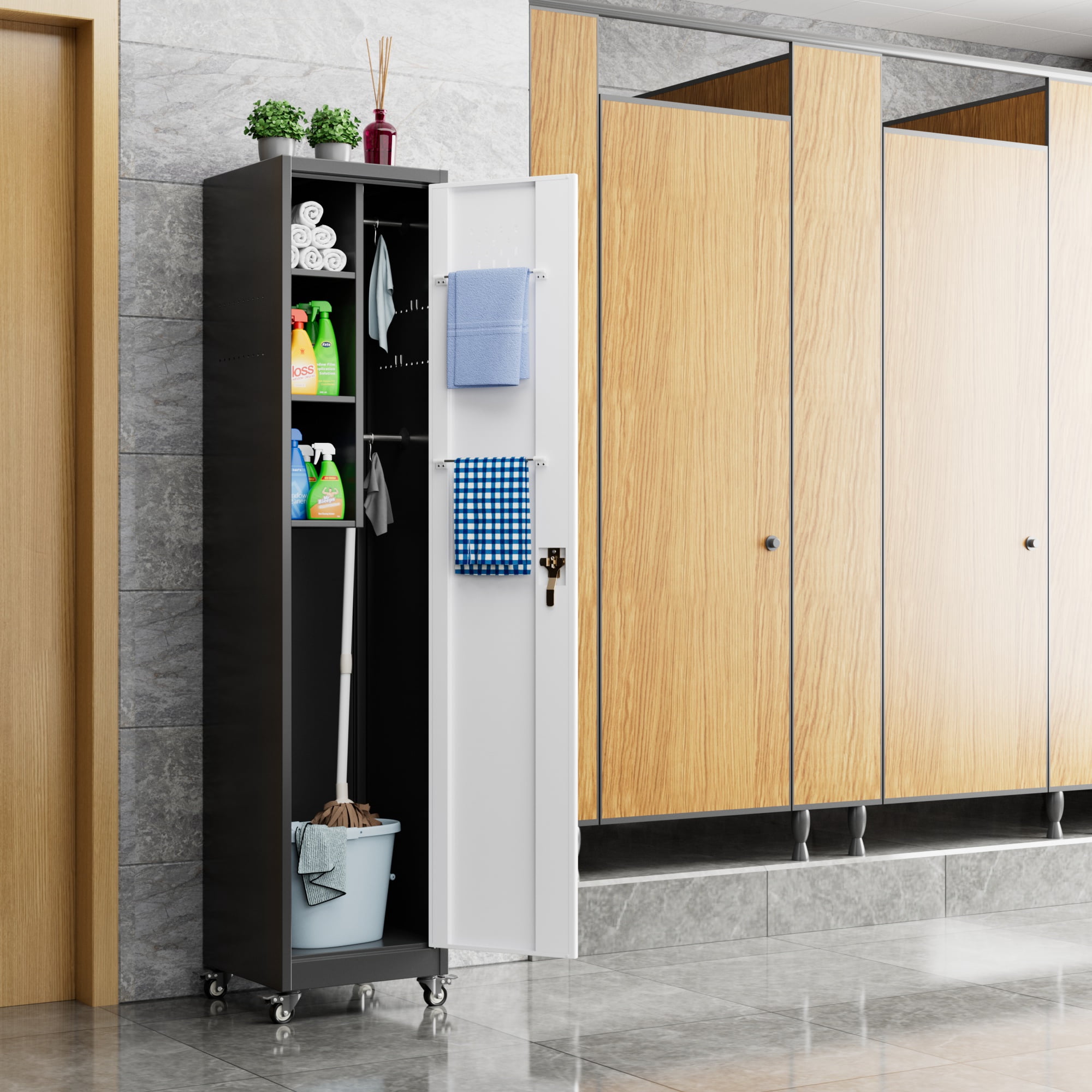 Aobabo 72''H Metal Broom Closet Storage Cabinet with Wheels, Steel Cleaning Tool Cabinet for Garage with Pegboards and Hooks,Assembly Required,Black/White
