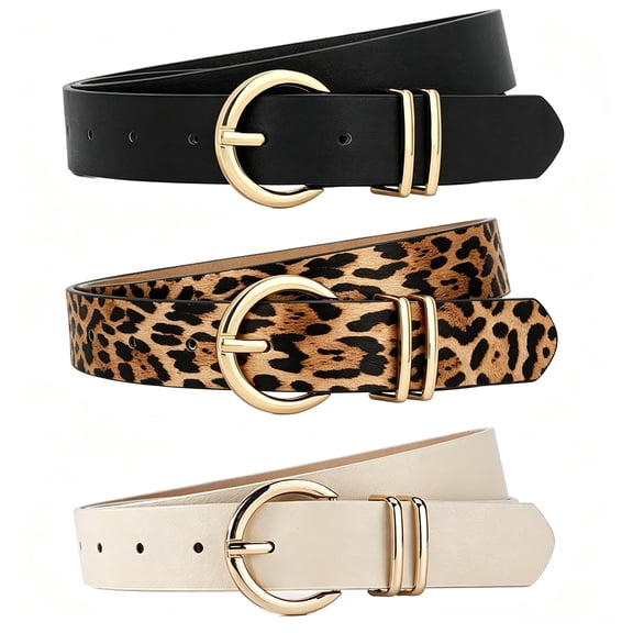 TKRADISH 3 Pack Women's Faux Leather Belts for Jeans - Gold-Tone Double O-Ring Buckle, Multi-Color Waist Belts for Casual & Formal Wear (41-inch)