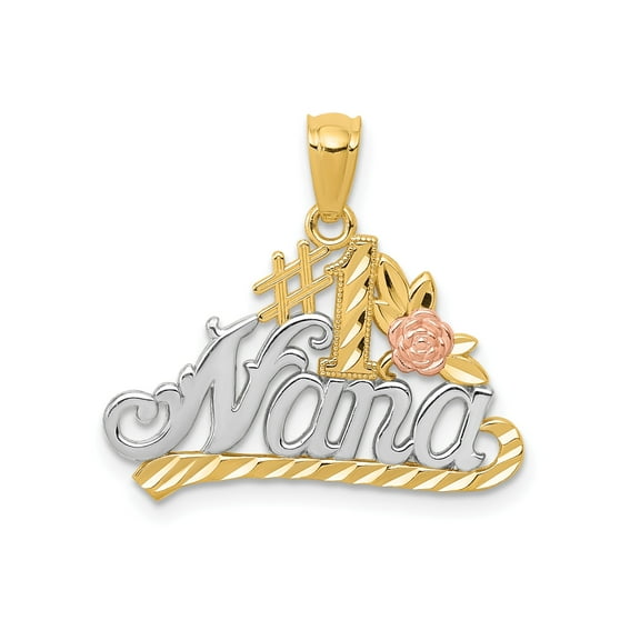14k Two-Tone Gold Nana Pendant for Women, Script Charm with Pink Rose and Yellow Leaf Accents, Floral Jewelry for Grandma, Necklace or Bracelet Accessory