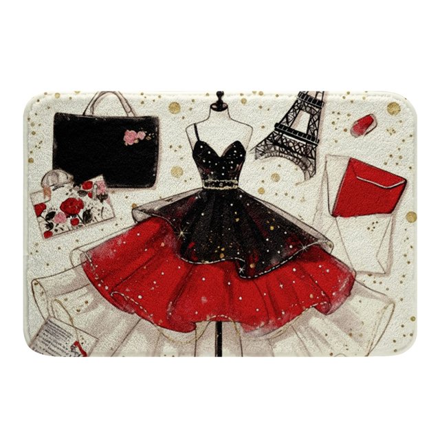 Tapis de Mode Noir Rouge Girly Robe Tapis à Pois Dorés Tapis de Zone Tour Eiffel Paris Moderne Femmes Tapis de Salle de Bain Talons Hauts Rouges Thème Maquillage Romantique Tapis de Bain 20"x32 Pouces