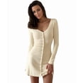 thumbnail image 3 of Women Deep V Neck Button Front Knit Mini Dress Elegant Long Sleeve Ribbed Flowy Hem A-Line Short Dresses Color M, 3 of 9