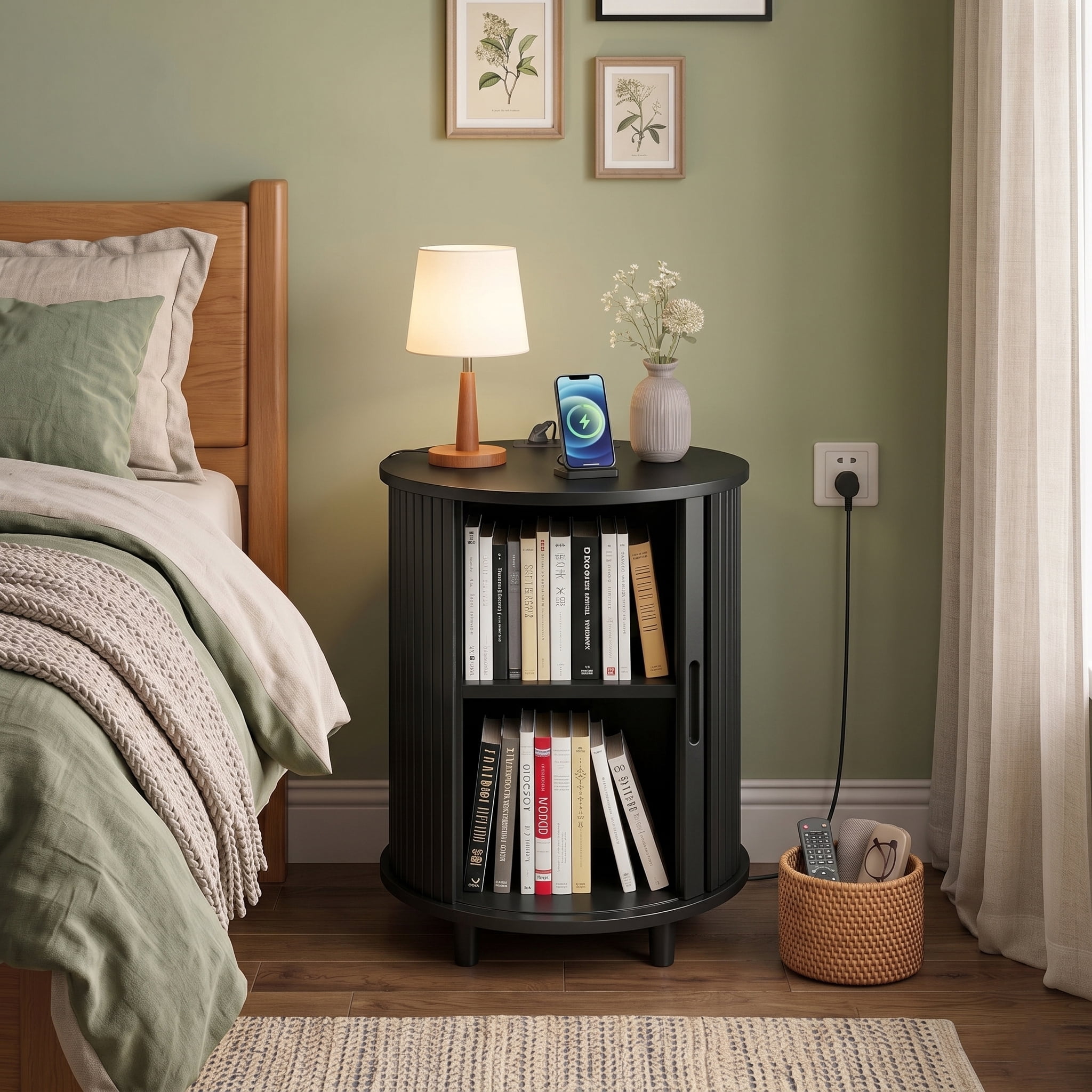 Aisword Round End Table Set of 2 with Charging Station, Fluted Accent Side Table with Sliding Door and Adjustable Shelf, Nightstand for Small Space, Black