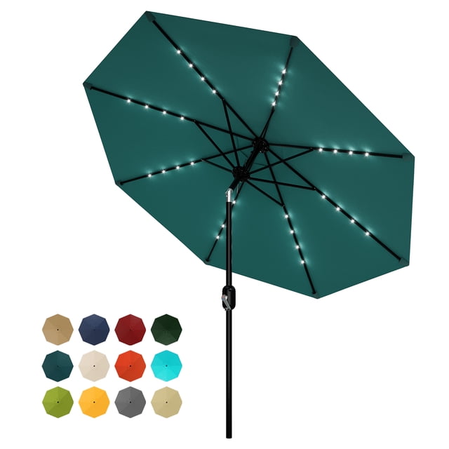 9 FT Solar LED Patio Umbrella with 32 Lights and Crank Tilt, UPF 50 Plus Waterproof Outdoor Table Umbrella with 8 Ribs for Garden Deck Pool, Yellow Green Blue Orange Beige Gray Red Navy