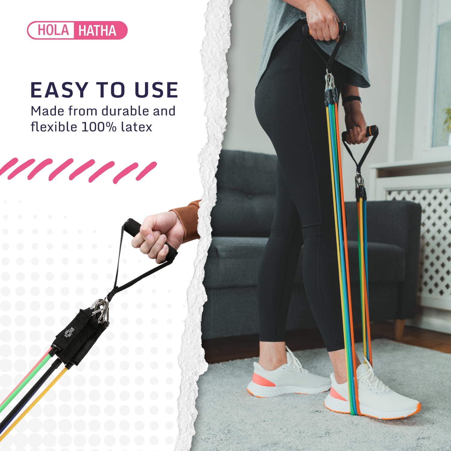 HolaHatha Resistance Band 110lb Maximum Workout Set w/ 5 Bands & 2 Handles