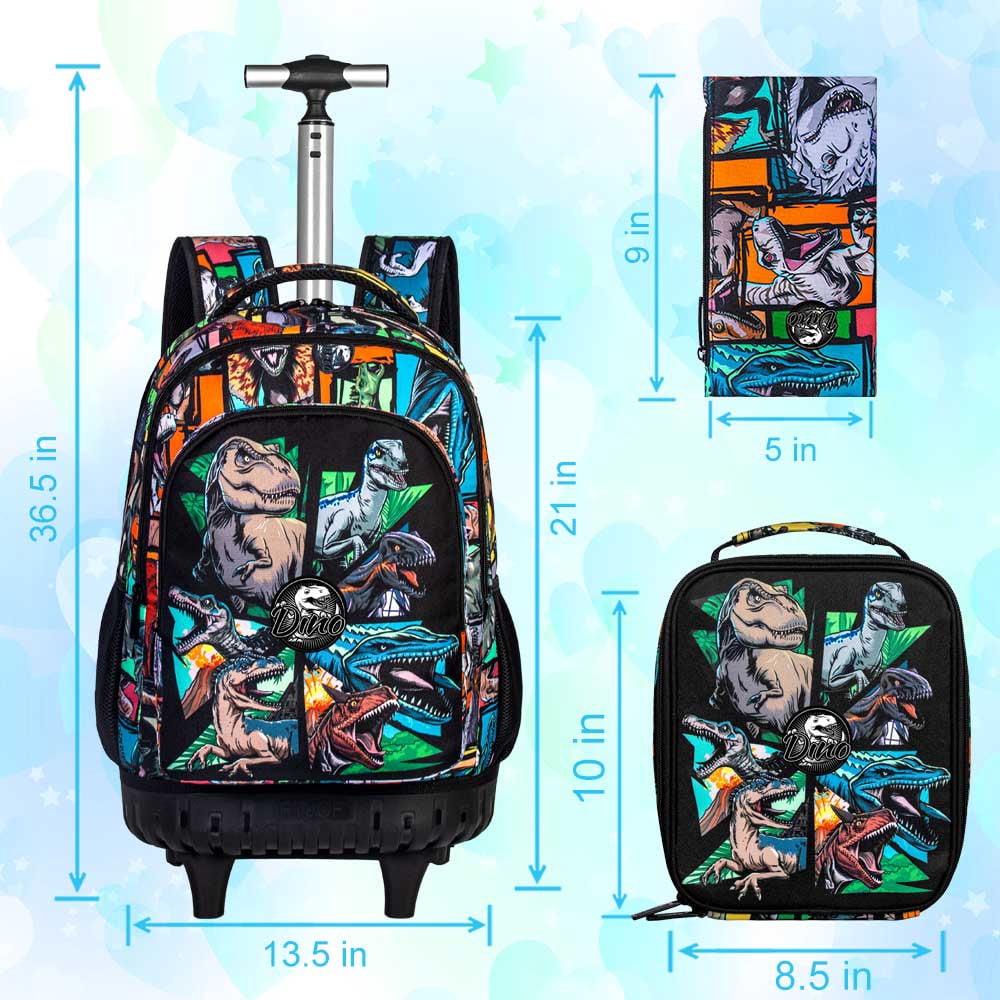 AGSDON 3PCS Rolling Backpack for Men, 21 Inch Water Resistant Dinosaur Backpacks with Roller Wheels, Wheeled Bookbag for Teens Boys Elementary School Travel