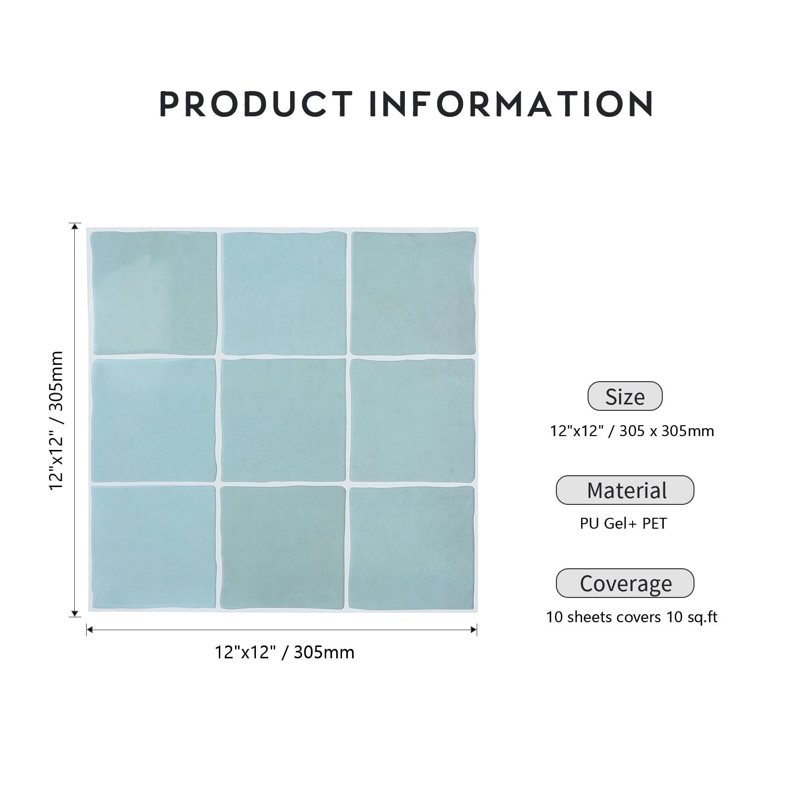 10 Sheets Square Peel and Stick Backsplash - 12”x12” Self Adhesive Wall Tiles for Kitchen Bathroom (Light Blue)