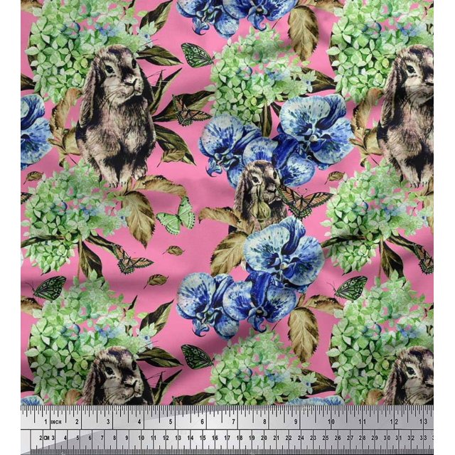 Soimoi Silk Fabric Rabbit,Lilac & Pansy Floral Print Sewing Fabric Yard 42 Inch Wide