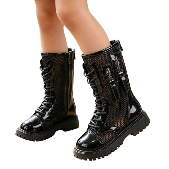 Cethrio Big Girls Riding Boots, Non-Slip Lace-up Fashion Breathable Mid Calf Boots Black Size 2(Big Kids)
