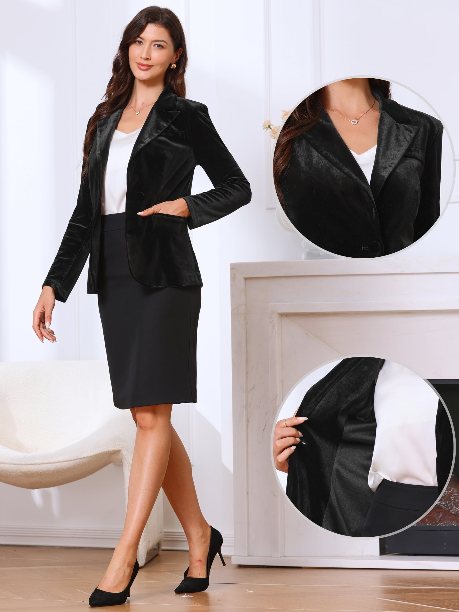 DARING DIVA Women's Notched Lapel Long Sleeve One Button Velvet Blazer M Black