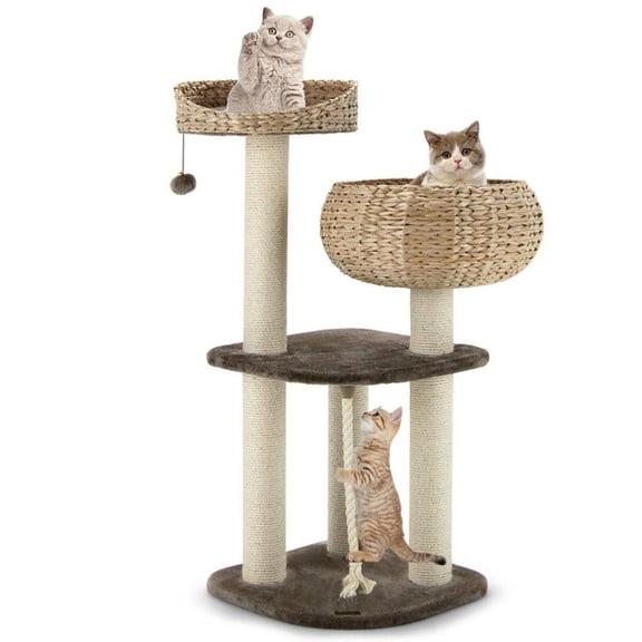 Spaco Cat Tree, 541 Inch Rattan Cat Tree with Napping Perch-Beige, Cat House with Platform Bed, Large Cozy Condo