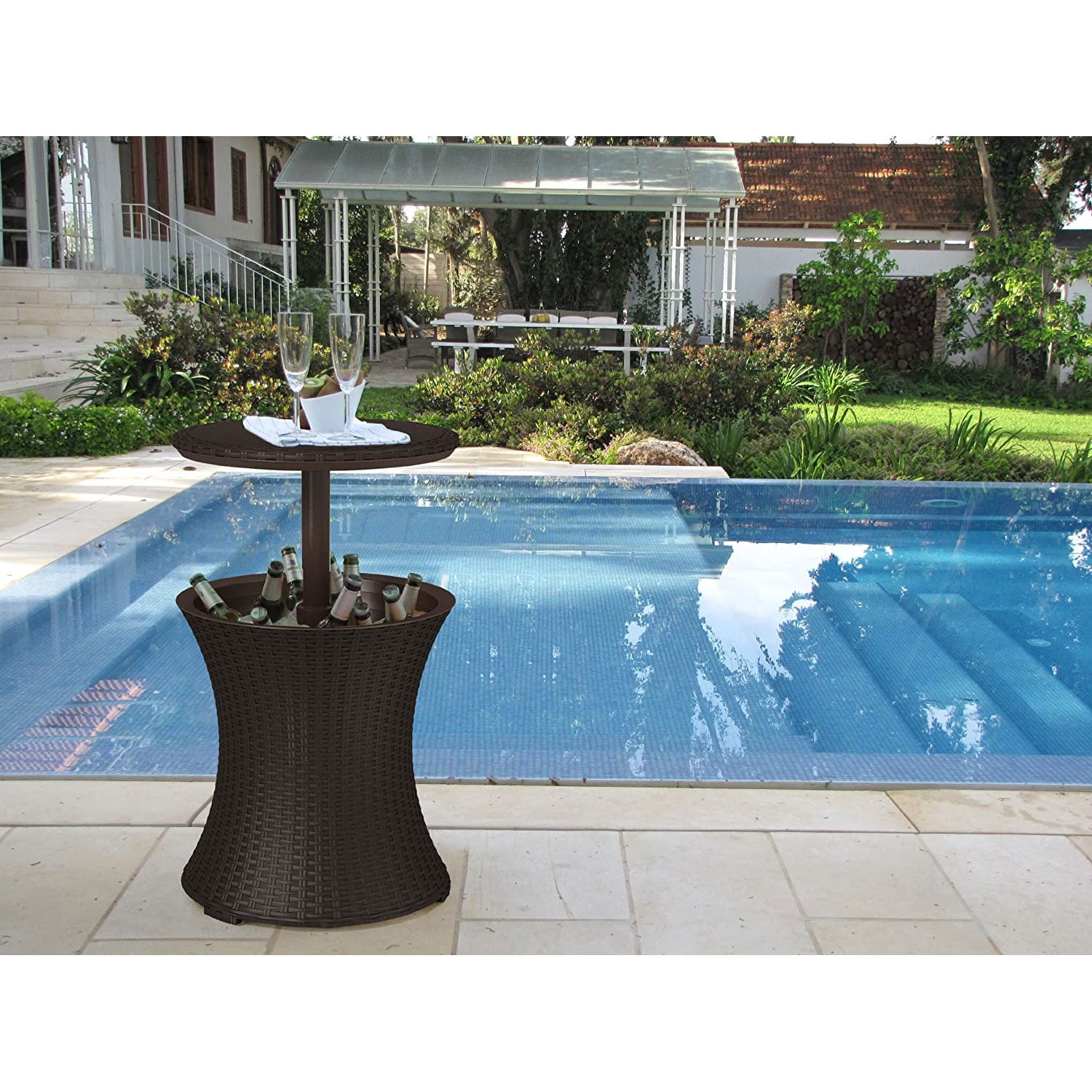 Keter Pacific 7.5 Gallon Cool Bar 2 in 1 Weather Resistant Side Table and Bar Durable Resin Outdoor Patio Beverage Cooler Table, Rattan Look Brown