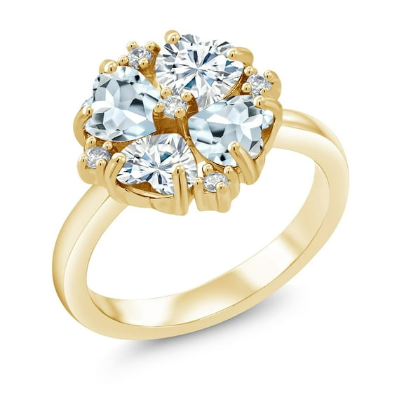 Gem Stone King 18K Yellow Gold Plated Silver Sky Blue Aquamarine and Moissanite Ring for Women (1.91 Cttw, Heart Shape 5MM, Gemstone March Birthstone, Size 6)
