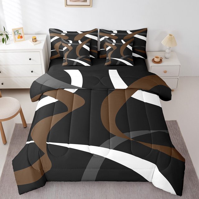 Erosebridal Abstract Stripe Bedding Queen Size,Modern Lines Comforter Sets with Sheets,Contemporary Art Decor,Reversible,Lightweight,7 Pieces