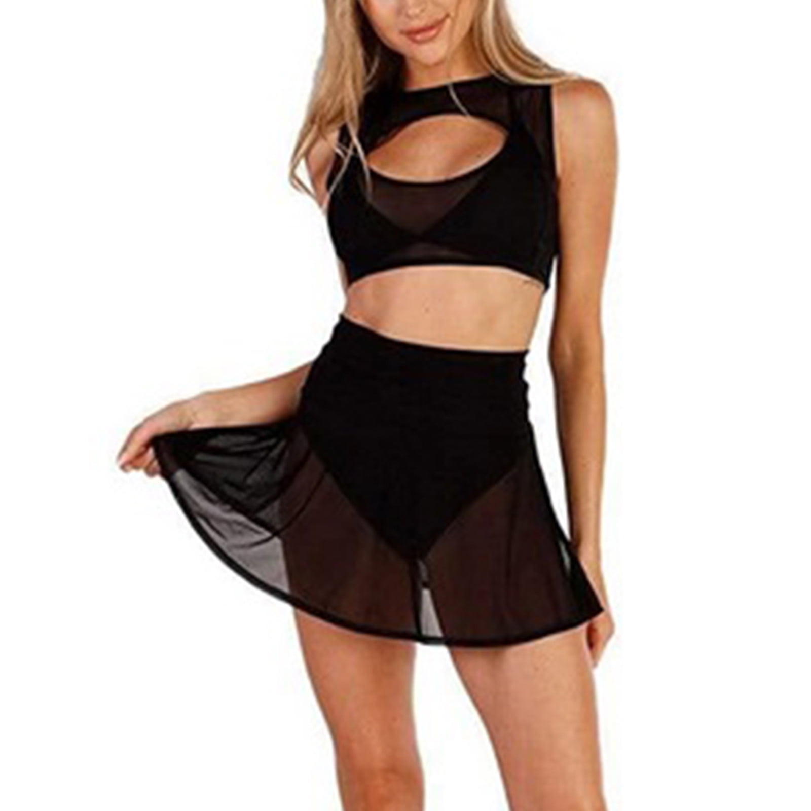 Xiaxaixu Women Sheer Mesh Mini Skirts High Waist See Through Beach Cover Ups Black