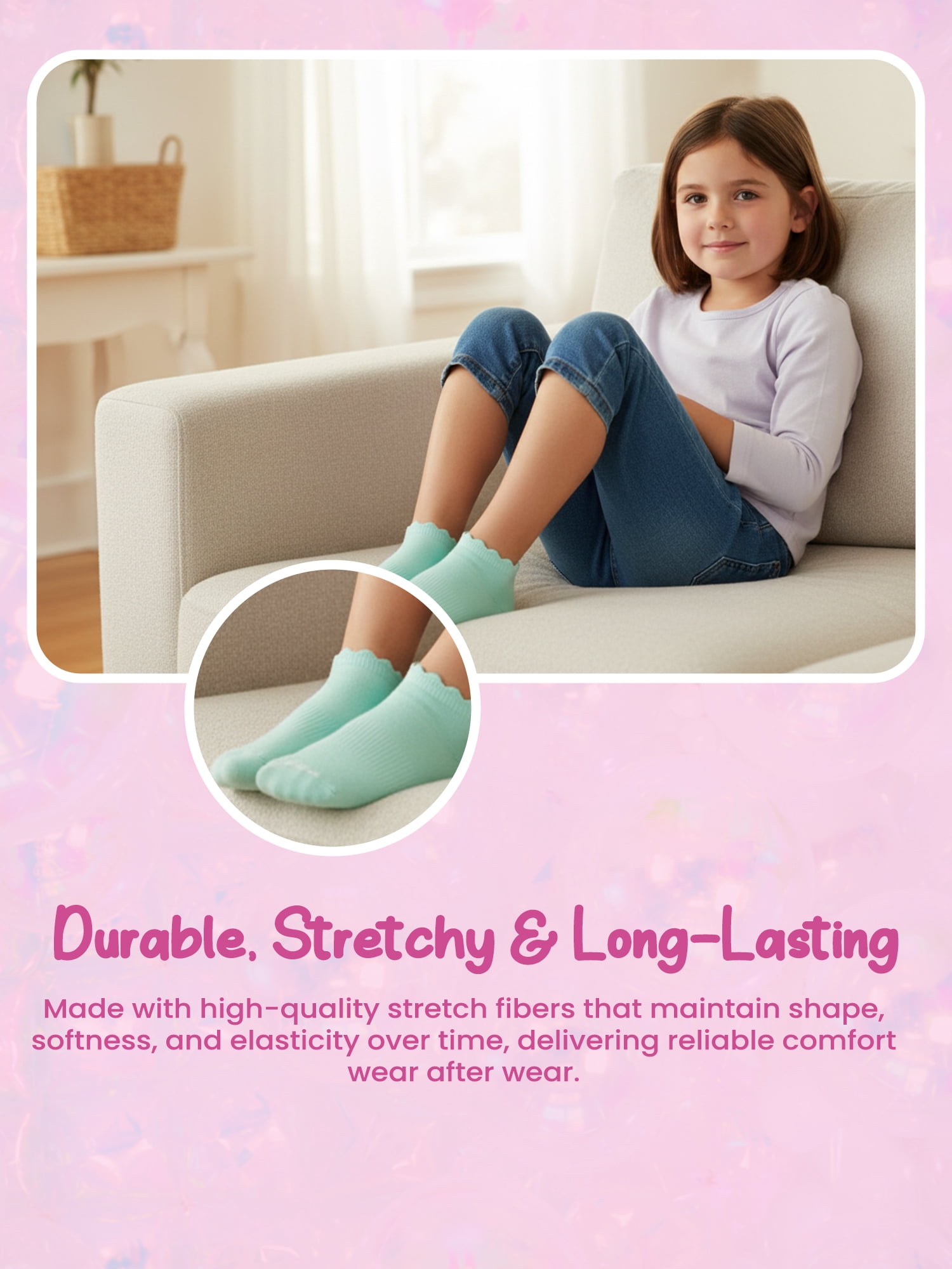 Justice Cushion No Show Socks for Girls with Scallop Edge for All Day Wear, 10 pk Pink Multi Color