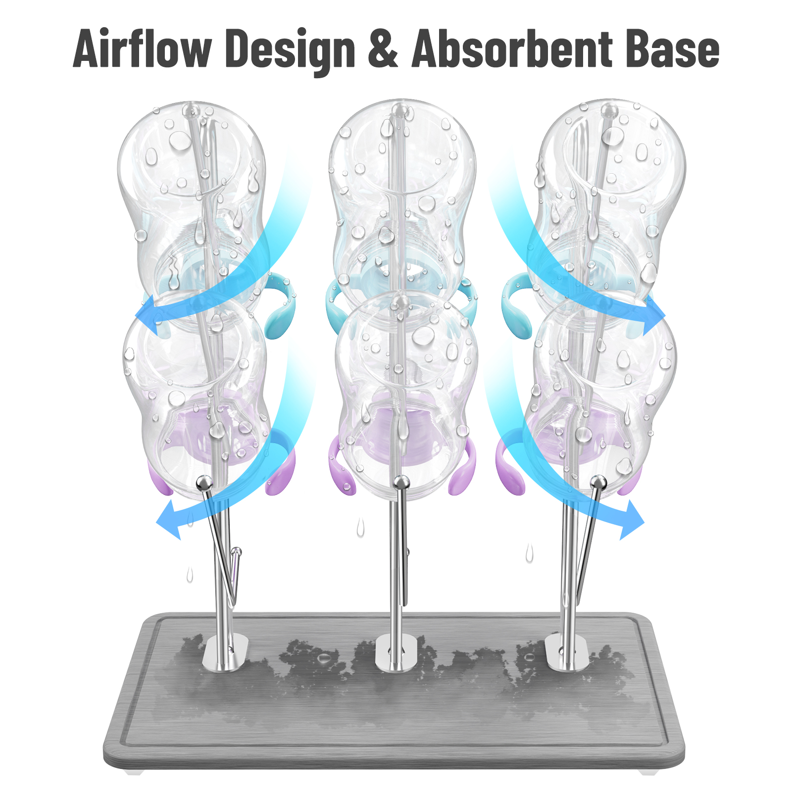 NiHome Baby Bottle Drying Rack with Diatomite Base & Stainless Steel Frame, Foldable Countertop Organizer Holds 9 Bottles, Space-Saving Stand for Water Bottles, Lids, Reusable Bags & More
