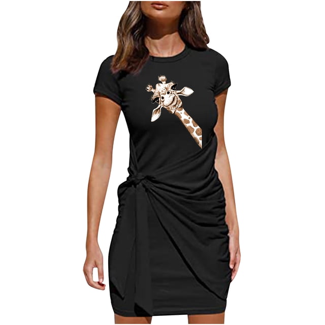 Mini vestido irregular con cinturón y lazo estampado con cuello redondo y manga corta para mujer Fridja nalpqowj4589