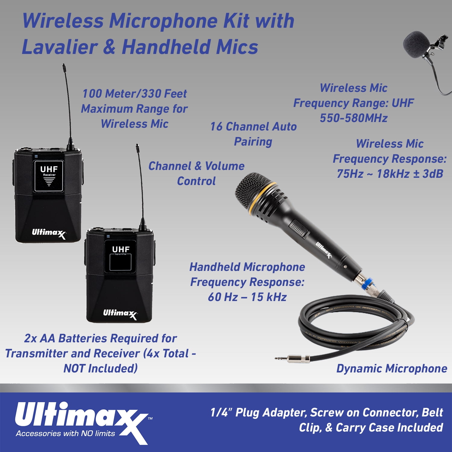 Ultimaxx Wireless Microphone Kit with Lavalier & Handheld Microphones, Cables & More