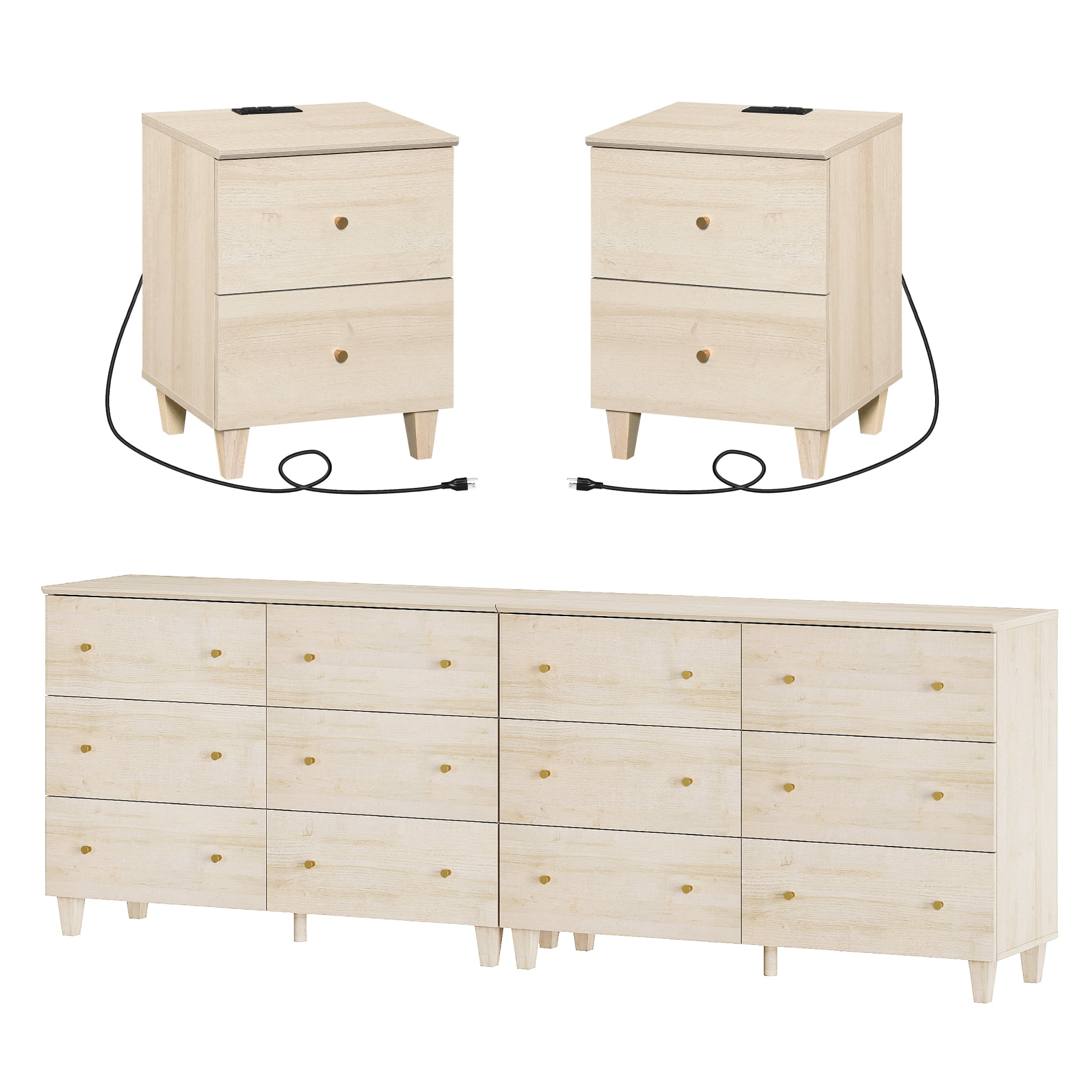 WAMPAT Dresser and Nightstands Set of 4, Wood Dressers with 12 Drawers, 2 Pieces Nightstands with Charging Stations for Living Room, Natural Oak