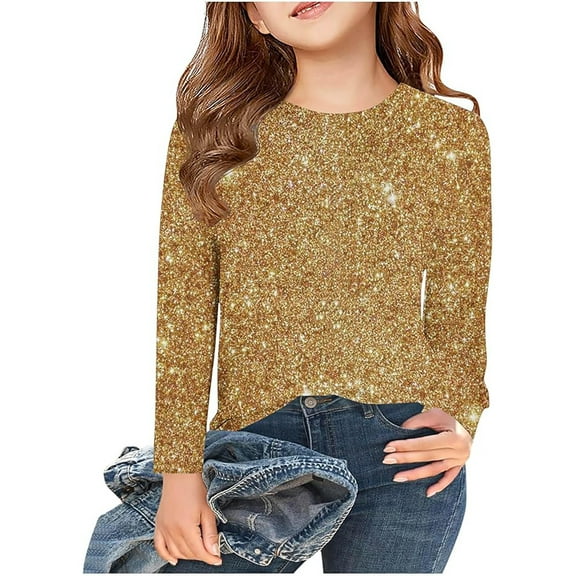 Girls Shirts Size 5-6 Girls Shirts Long Sleeve Girls' Sequin Printed Sweater Children's Round Flash Shirt Monochrome Long Range Spring Summer Shirt 9460