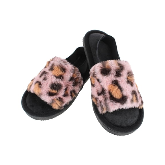 CTM Cozy Leopard Plush Open Toe Slippers with Back Strap (Women)