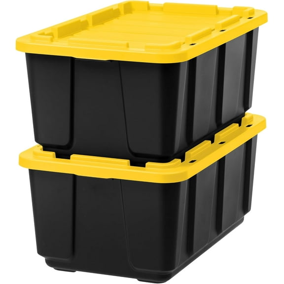 IRIS USA 27 Gallon Heavy Duty Truck Bed Toolbox Storage Tote Bins with Lids, Garage Organization, Black/Yellow, 2 Pk