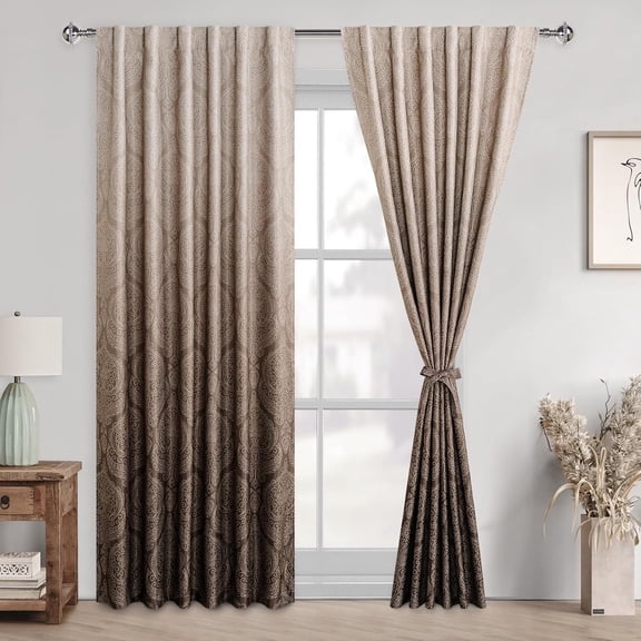 Hiasan Brown Blackout Curtains 84 inches Length - Ombre Damask Patterned Back Tab/Rod Pocket Window Drapes with Tiebacks Thermal Insulted Curtains for Bedroom/Living Room, 2 Panels, W52 x L84